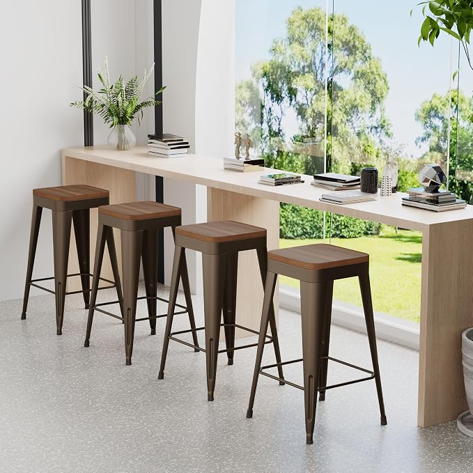 Bar Stools Set of 2 Metal Bar Stool Counter Height Bar Stools Rusty, Modern 24" - Image 4