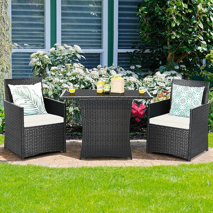 Tangkula 3 Pieces Patio Dining Set, Space-Saving PE Rattan Bistro Set - Image 3