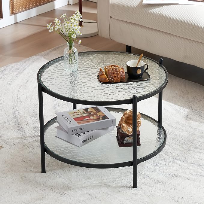 VINGLI 25.6" Small Matte Black Round Coffee Table Water-Wave Glass Circle Clear by VINGLI