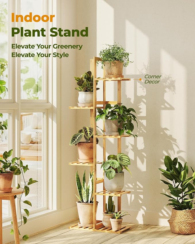 Bamworld Bamboo Plant Stand Indoor 6 Tiered Plant Shelf Outdoor Corner Plant - Image 3