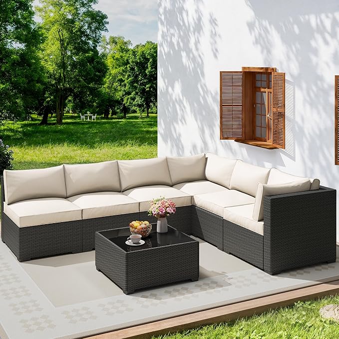 7 Piece Outdoor Patio Furniture Set, Outdoor Sectional Furniture, Rattan & - Image 2