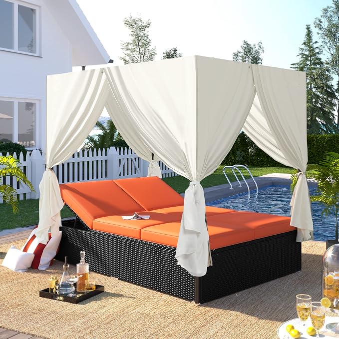 Patio Chaise Lounge, PE Rattan Outdoor Patio Wicker Sunbed Daybed by HarperBrightDesigns