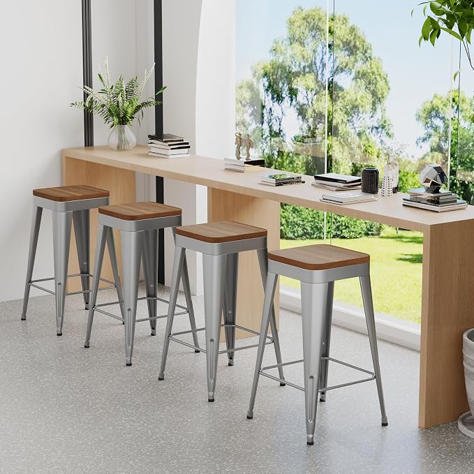 Bar Stools Set of 2 Metal Bar Stool Counter Height Bar Stools Sliver, Modern - Image 4