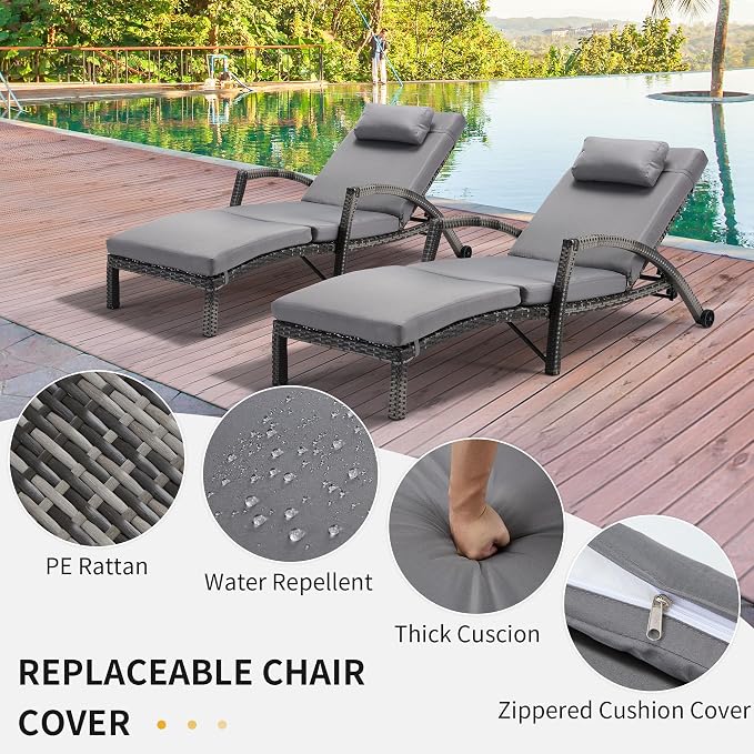 HOMREST Chaise Lounge Chairs Set of 2, PE Rattan Wicker Patio Lounge Chair - Image 6