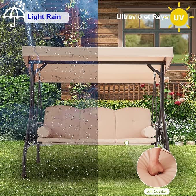 GYUTEI 3-Seat Patio Swing with Canopy, Outdoor Porch Swing with 1.5" Upgraded - Image 6