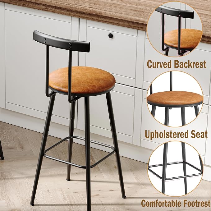 Bar Stools, Bar Chairs with Backrest and Footrest, Industrial Counter Stools - Image 4