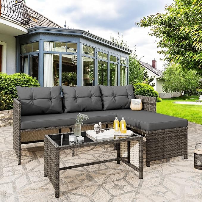 Vongrasig 3 Pieces Patio Furniture Sets, All-Weather Wicker Outdoor Sofa Couch by Vongrasig