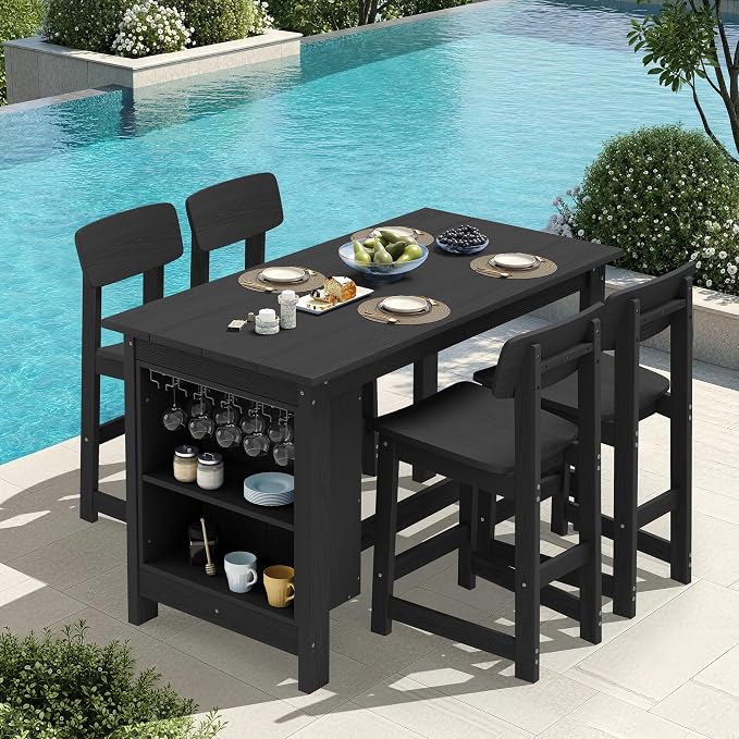 SERWALL Outdoor Bar Table and Chairs Set, 5-Piece HDPE Counter Height Patio by SERWALL