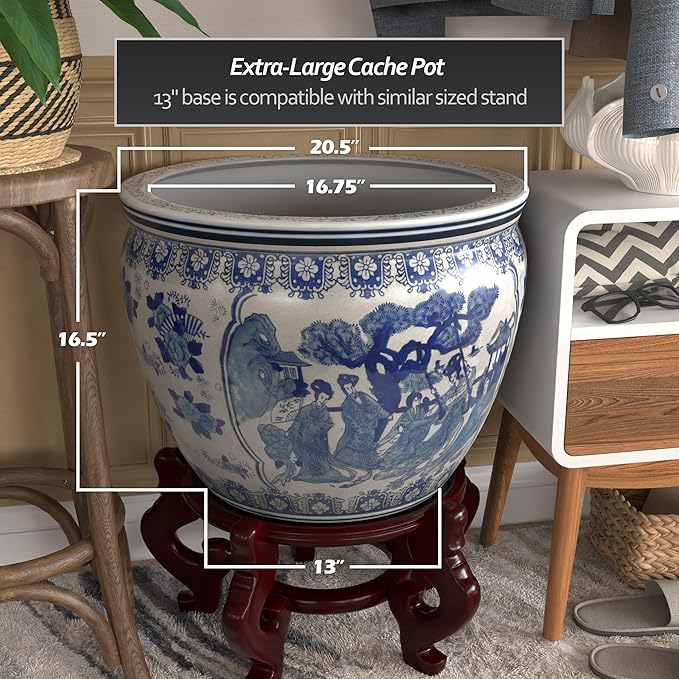 Red Lantern Large 20" Ladies Blue & White Porcelain Fishbowl Planter or Cachepot - Image 4