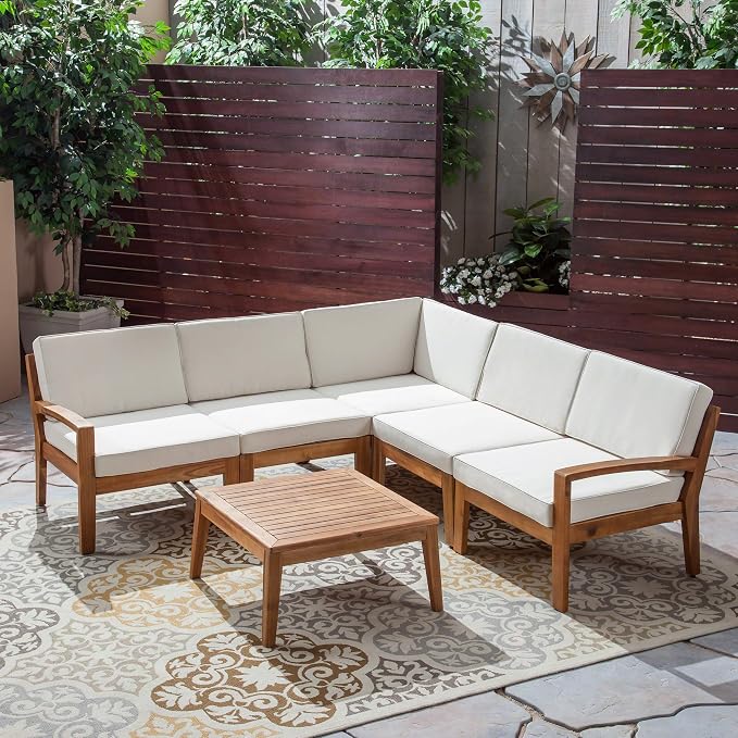 Great Deal Furniture Noble House Grenada Outdoor Acacia Wood 5 Seater Sectional - Image 4