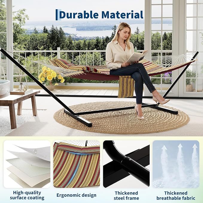 2 Person Double Hammock with Adjustable Steel Stand & Pillow, Heavy Duty - Image 4