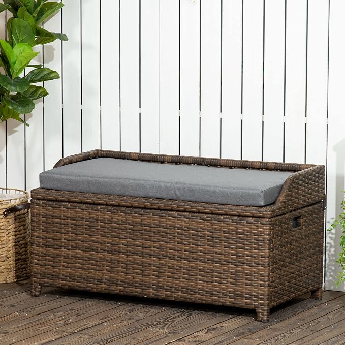 Outsunny 38 Gallon Outdoor Wicker Storage Bench Deck Box, PE Rattan Patio - Image 2