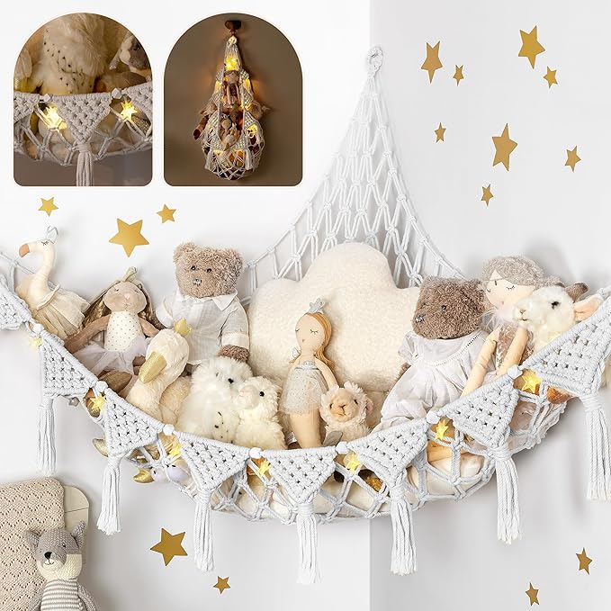 Snow White Macrame DreamLights Boho Stuffed Animal Storage Net and Hammock by TIDYTEDS