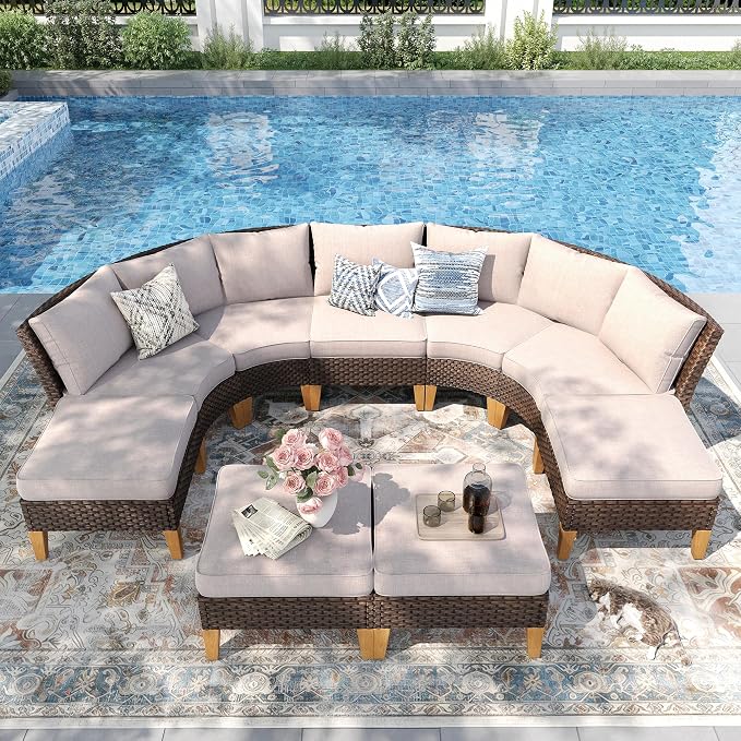 PHI VILLA 7-Piece Wicker Patio Furniture Set, Outdoor Half-Moon Curved by PHIVILLAThepioneerofcomfortablehouseholdsupplies