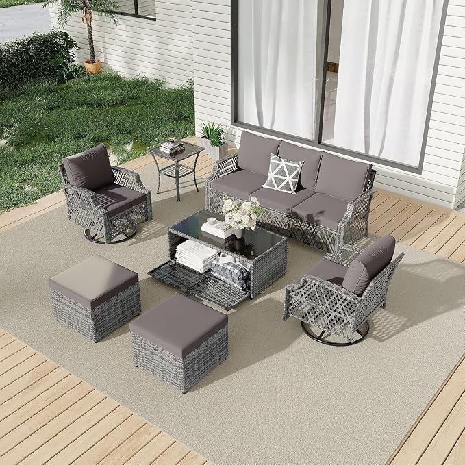 HOMREST 7 Piece Patio Furniture Set, Wicker Outdoor Conversation Set by HOMREST