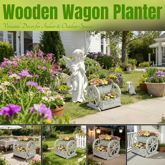 NestNature Wooden Wagon Planter Box, Raised Garden Bed, Decorative Garden - Image 5