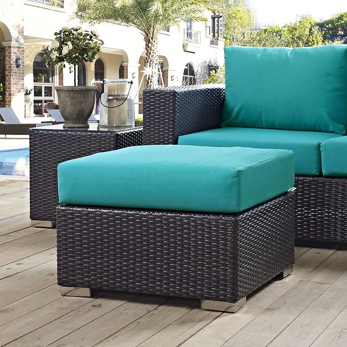 Modway Convene Wicker Rattan Outdoor Patio Square Ottoman in Espresso Turquoise - Image 2