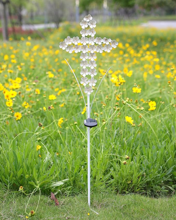 White Cross Garden Stake Solar Lights Metal Hydrangea Cross Stake Memorial Gift - Image 2