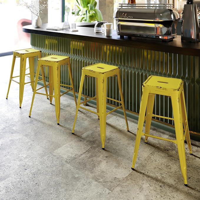 Flash Furniture Kai Commercial Grade 30" High Backless Distressed Yellow Metal - Image 6