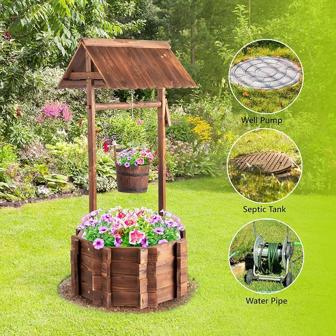 VINGLI Wooden Wishing Well Outdoor Planters, Well Covers - Image 6