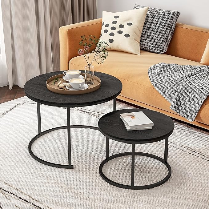 HOJINLINERO Round Coffee Table, Nesting Coffee Table Set of 2, Center Tables by HOJINLINERO