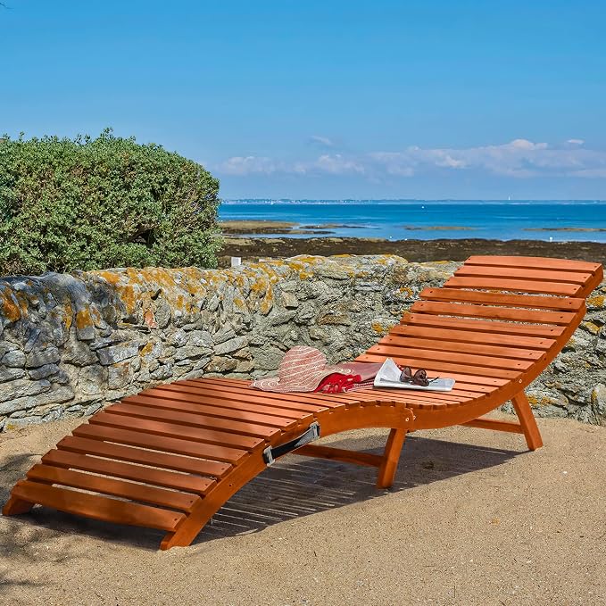 Greesum Wood Folding Chaise Lounge Chair, Weatherproof Extended Sun Lounger - Image 4