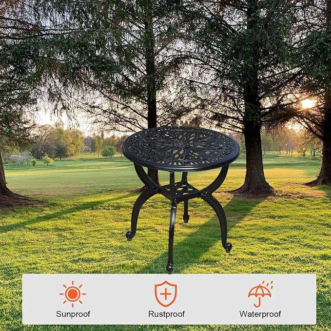 Cast Aluminum Outdoor Side Table, All Weather Round Small Coffee Table - Image 4