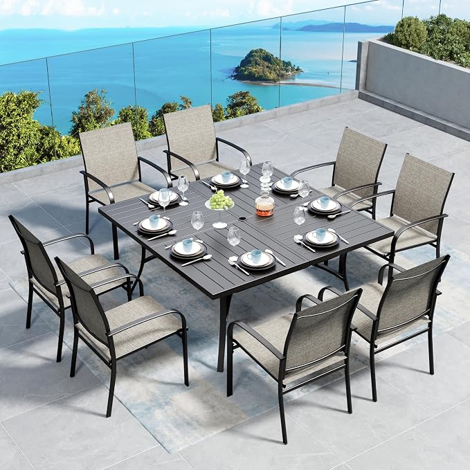 Patio Dining Set for 8, 8 x Stable Brown Dining Chairs, Outdoor Table and by SUNSHINEVALLEY