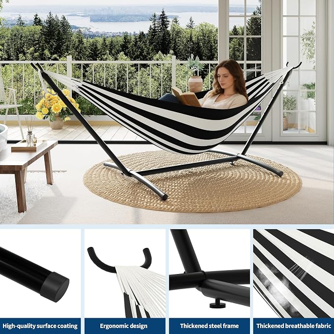 Double Hammocks with Stand for Outside, Portable Space Saving Heavy-Duty Steel - Image 3