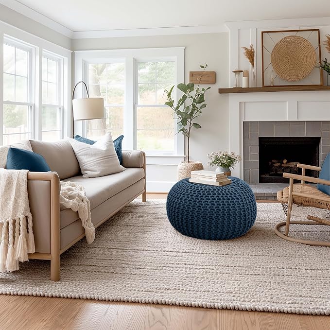 COTTON CRAFT - Hand Knitted Cable Style Dori Pouf - Blue - Floor Ottoman - - Image 2