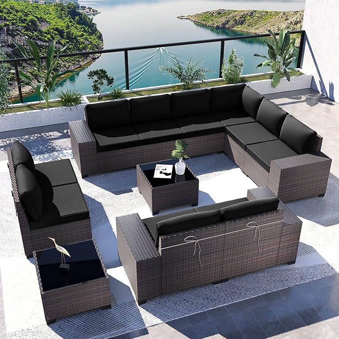 Kullavik Outdoor Patio Furniture Set, 12 Pieces Sectional Rattan Sofa Set Brown by KULLAVIK
