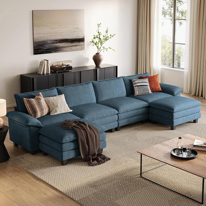 LINSY HOME 157'' Modular Sectional Sofa Blue Couch Corduroy Cloud Couches by LINSYHOME