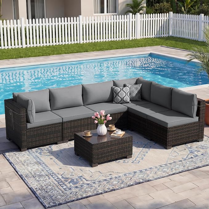 LEVELEVE 7 Pieces Outdoor Patio Furniture Sets, Rattan Conversation Sectional - Image 7