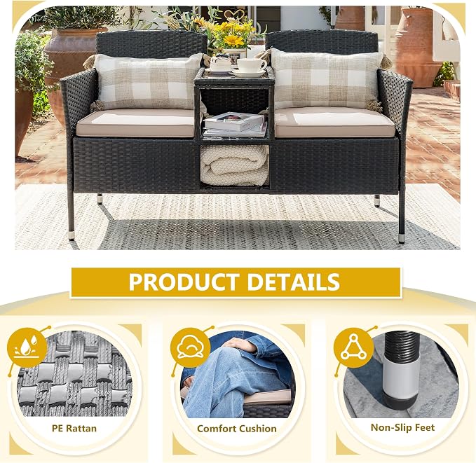Devoko Outdoor Patio Loveseat Modern Rattan 2-Seat Patio Conversation Set - Image 5