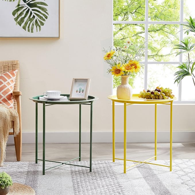VECELO Side/End Table, Folding Round Metal Anti-Rust and Waterproof Outdoor or - Image 6