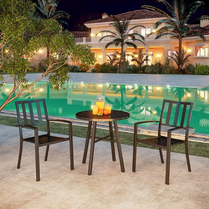 PHI VILLA 3 Piece Outdoor Patio Bistro Dining Set, Slatted Metal Round Table & - Image 5