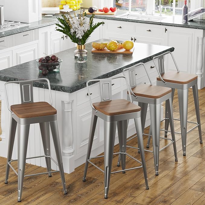 Bar Stools Set of 4 Metal Bar Stool Counter Height Bar Stools Sliver, Modern by POINTANT