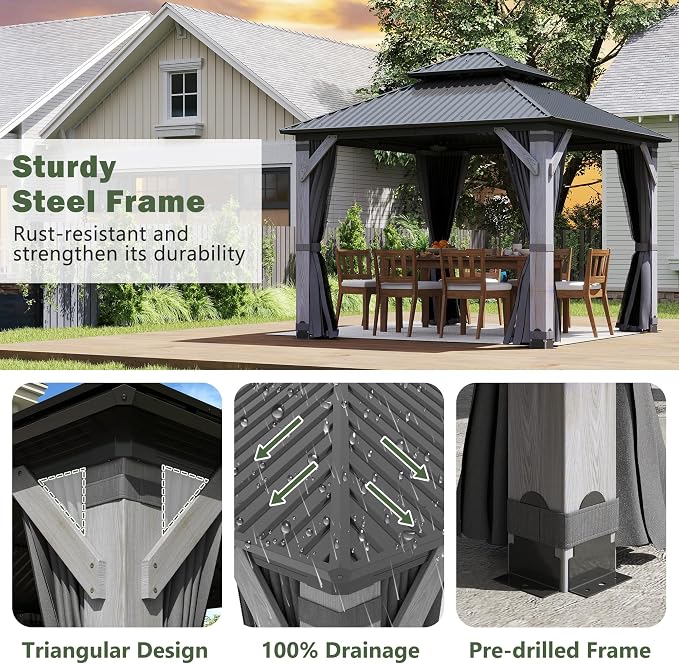 10'x10' Hardtop Wood Gazebo, Outdoor Double Roof Galvanized Steel Top Gazebo - Image 7