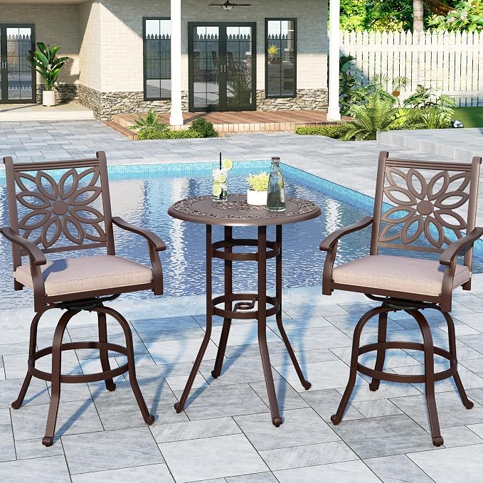 Sophia & William 3 Pieces Cast Aluminum Patio Bar Set, Round Outdoor Bar Table - Image 9