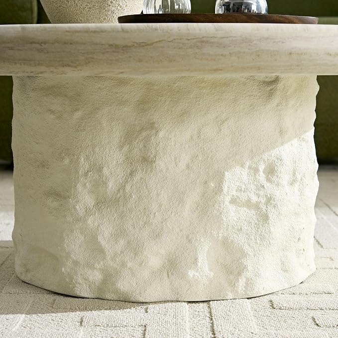 Round Coffee Table, 35.04" Fiberglass Imitation Stone Table Cement Rock Center - Image 4