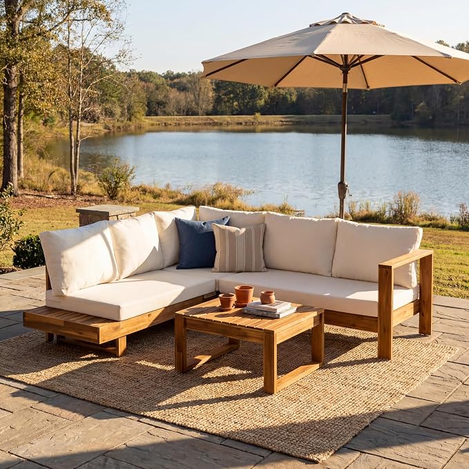 4 Pieces Patio Conversation Set, Outdoor Acacia Wood Sectional Patio Sofa Set by JIVOIT