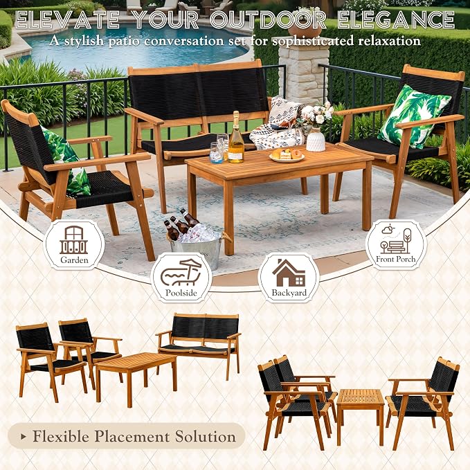 Devoko 4 Pieces Acacia Wood Patio Conversation Sets, Patio Furniture Set - Image 5