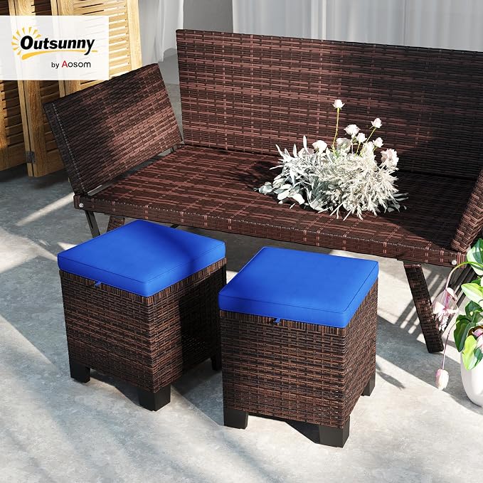 Outsunny 2 Pieces Outdoor Patio Ottomans, All Weather Wicker Outdoor Footstools - Image 2