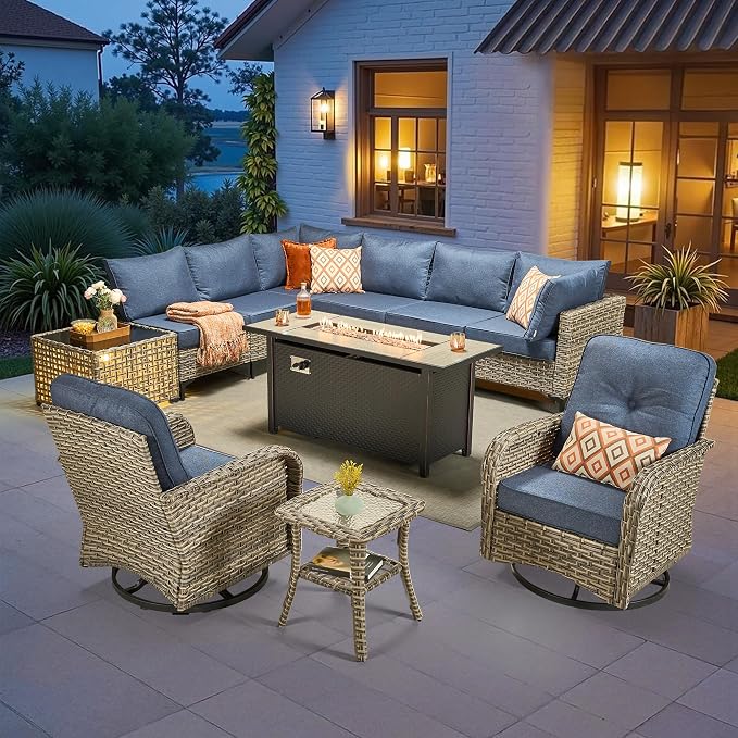 11-Piece Outdoor Sectional Sofa Set w/ 54" Fire Pit – L-Shaped Wicker Patio by CAODOCPatioFurniture
