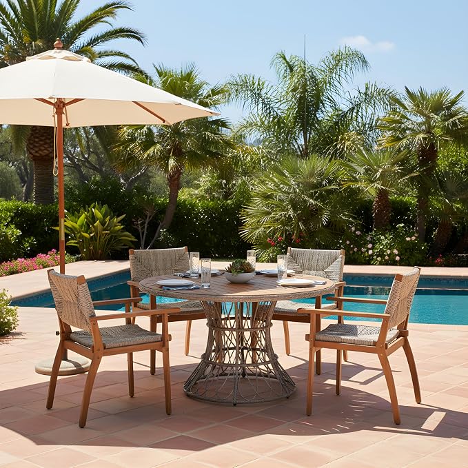 Merax 5-Piece Outdoor Dining Set, 47.24'' Round Acacia Wood Table & 4 Wicker by Merax