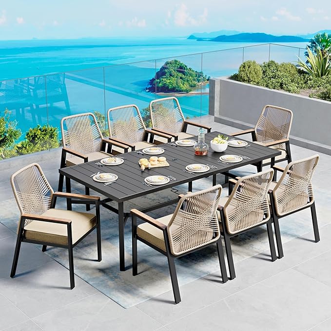9 Pieces Patio Dining Set, 8 x Woven Rattan Chairs by SUNSHINEVALLEY