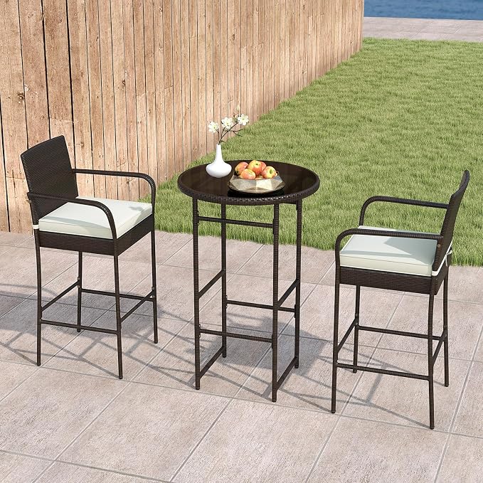 Tangkula 3 Piece Outdoor Bar Set, Patio Rattan Heavy Duty Bar Height Glass Top - Image 3