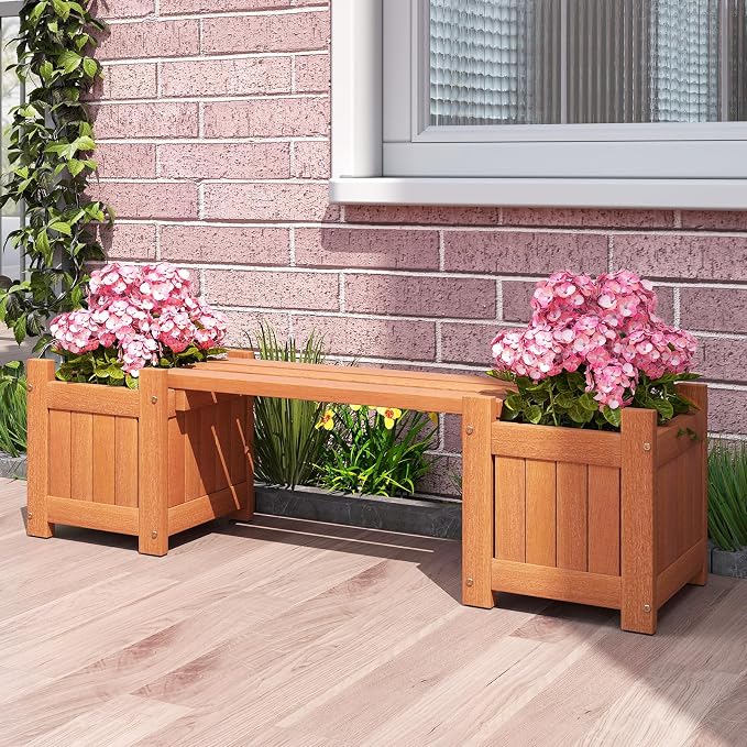 HAPPYGRILL Outdoor Bench with 2 Raised Garden Beds, 2-in-1 Outdoor Planter Box - Image 2