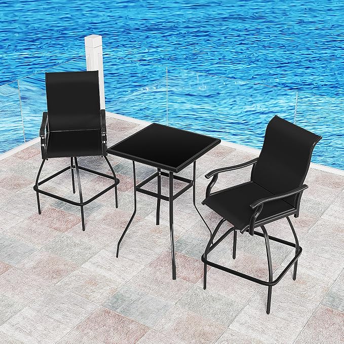 LEVELEVE Patio Bar Set 2pcs Swivel Bar Stools Outdoor Bistro Textilene - Image 2