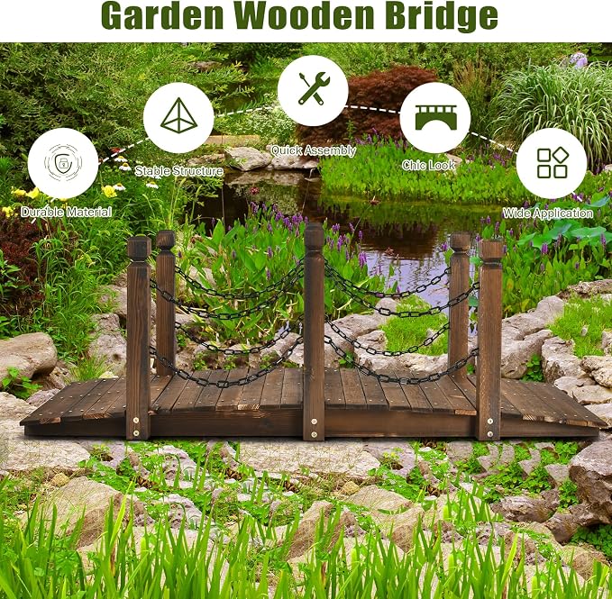 Giantex 5 FT Wooden Garden Bridge, Stained Wood Arc Footbridge - Image 4